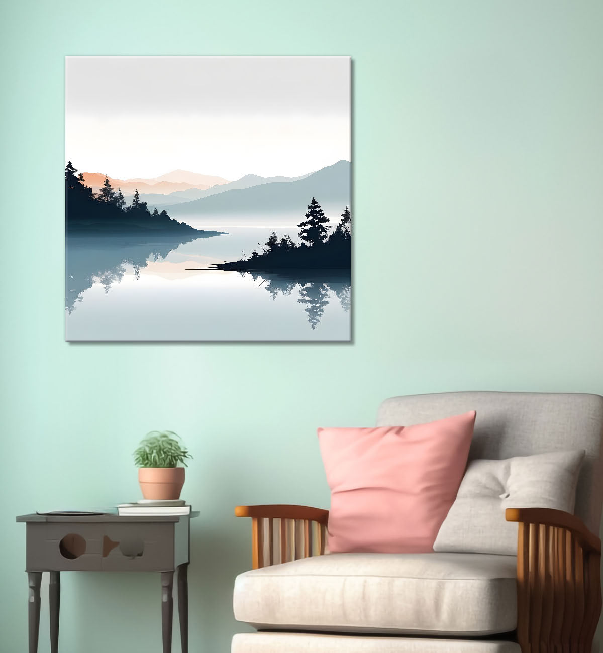 Mountains with river and trees water colour painting 24X24 - Nature Art -S-110