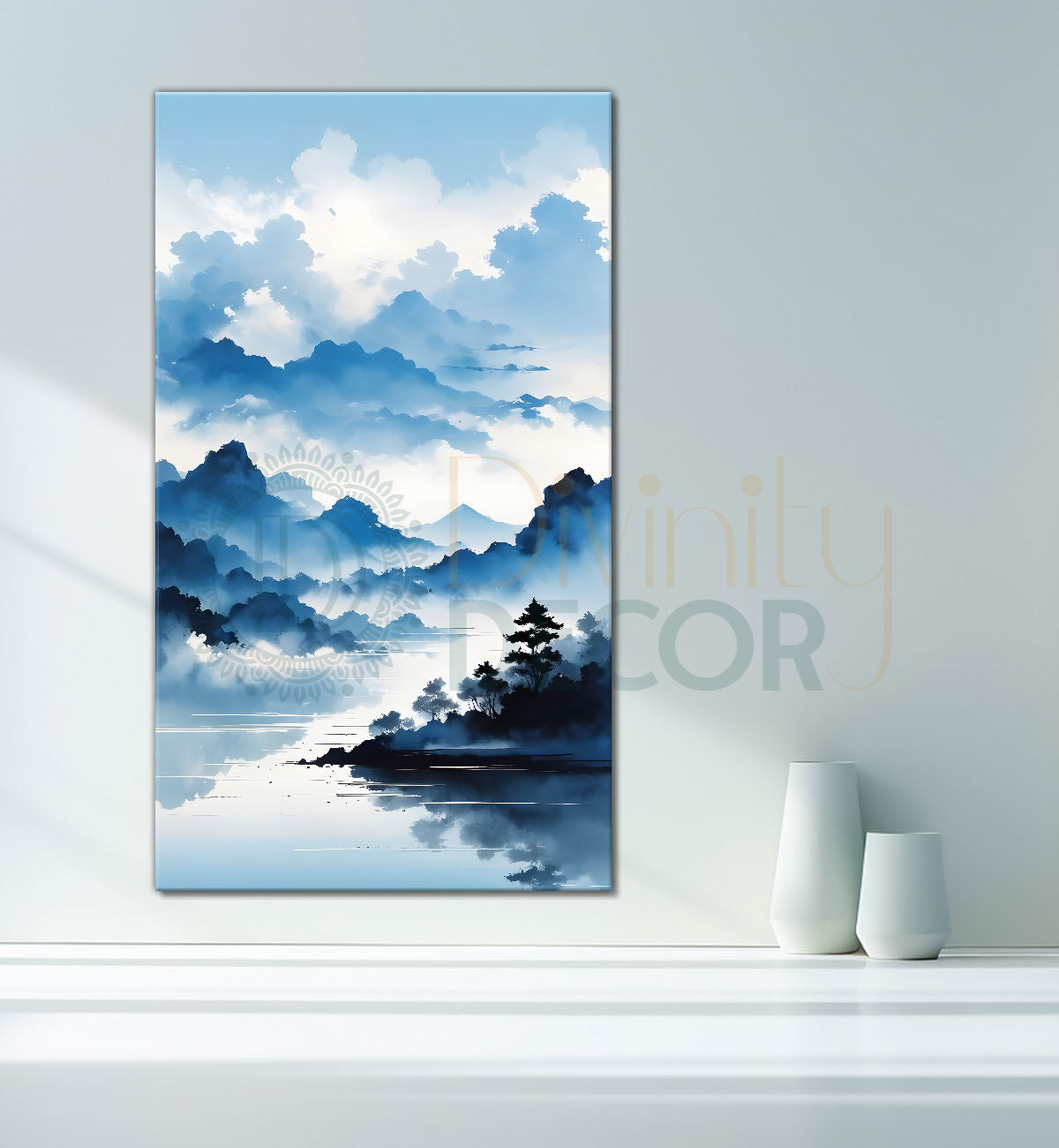 Mountains with river in cloudy sky in textured water colour painting Canvas Painting - Nature Art -V-110