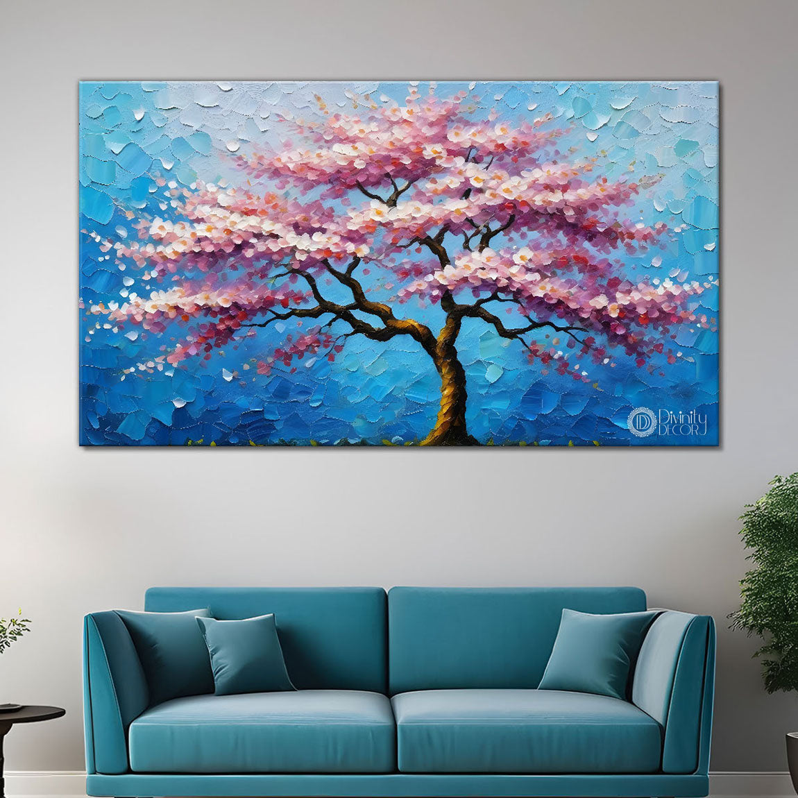 White flower tree in textured background oil painting - Design - Tree-110