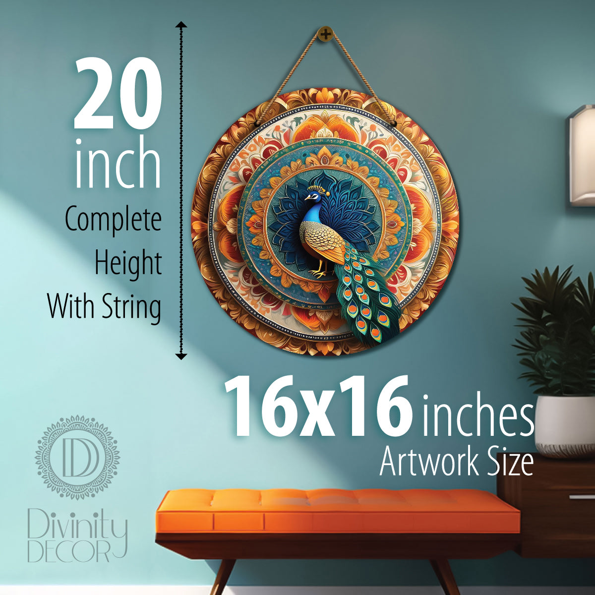 Peacock in orange and blue mandala Round Wooden Wall Hanging for wall Décor - Design - 110