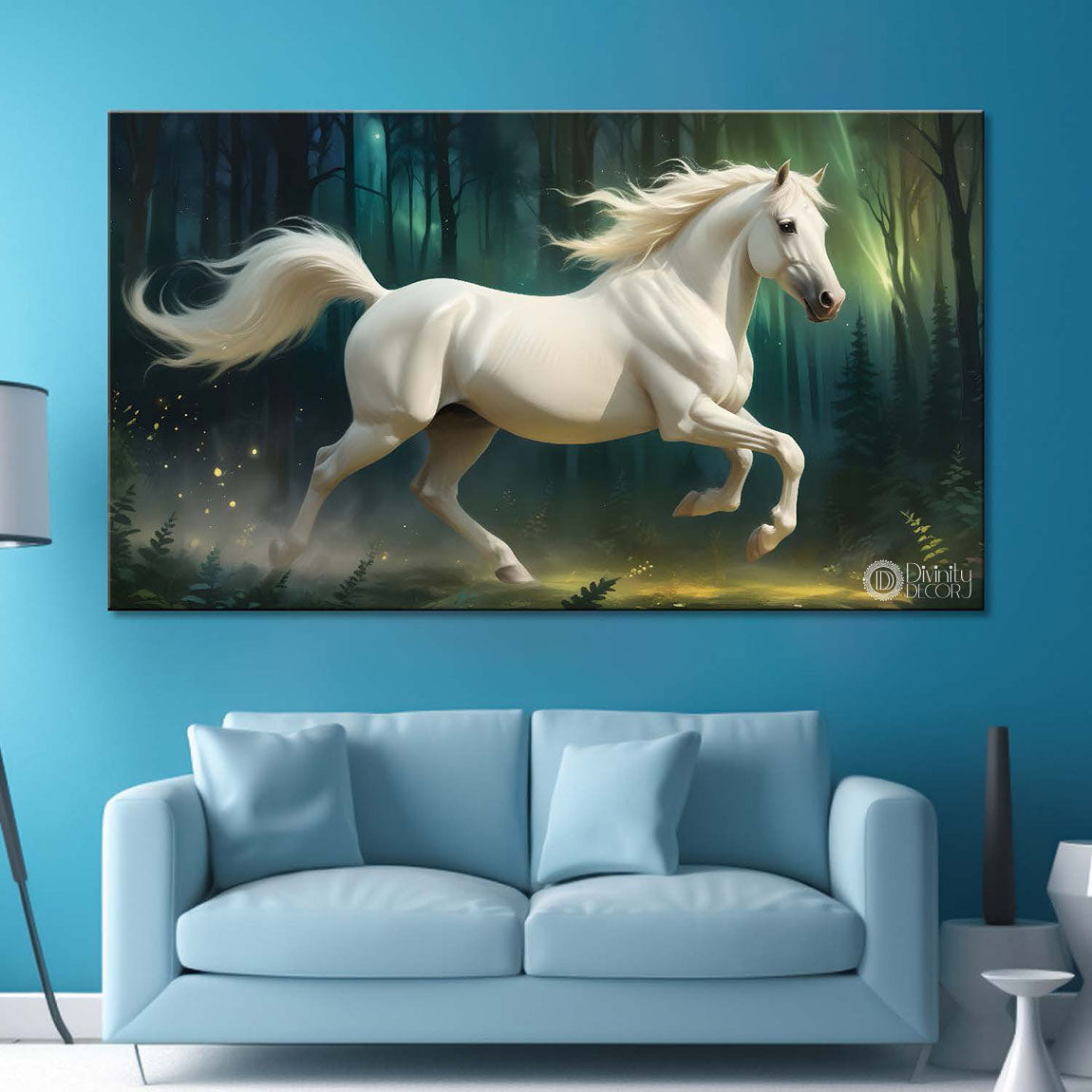 Grey running horse with trees in green textured background art Canvas Painting - Design - Horse-111