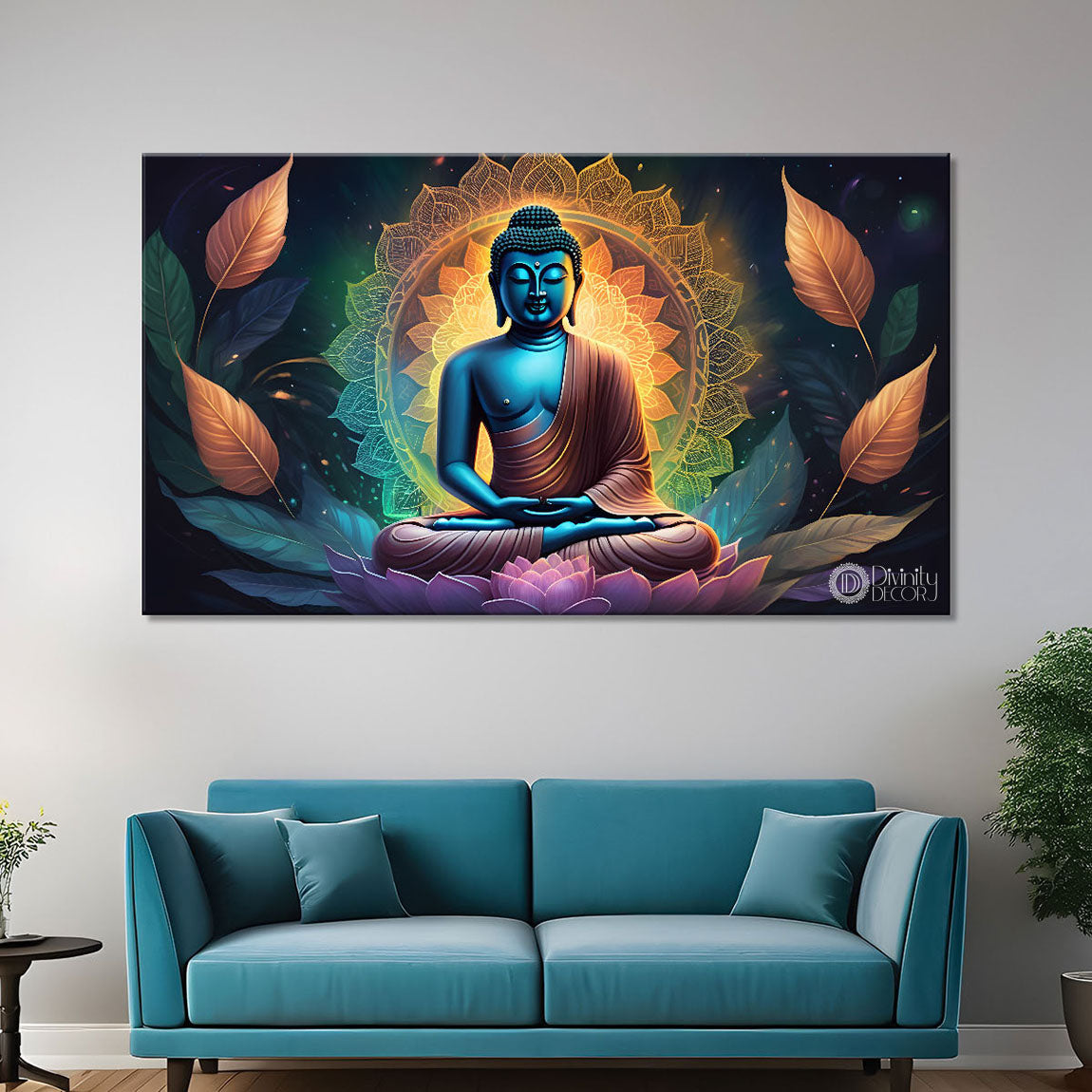 Buddha in sea green background textured painting Canvas Wall Painting - Buddha-111