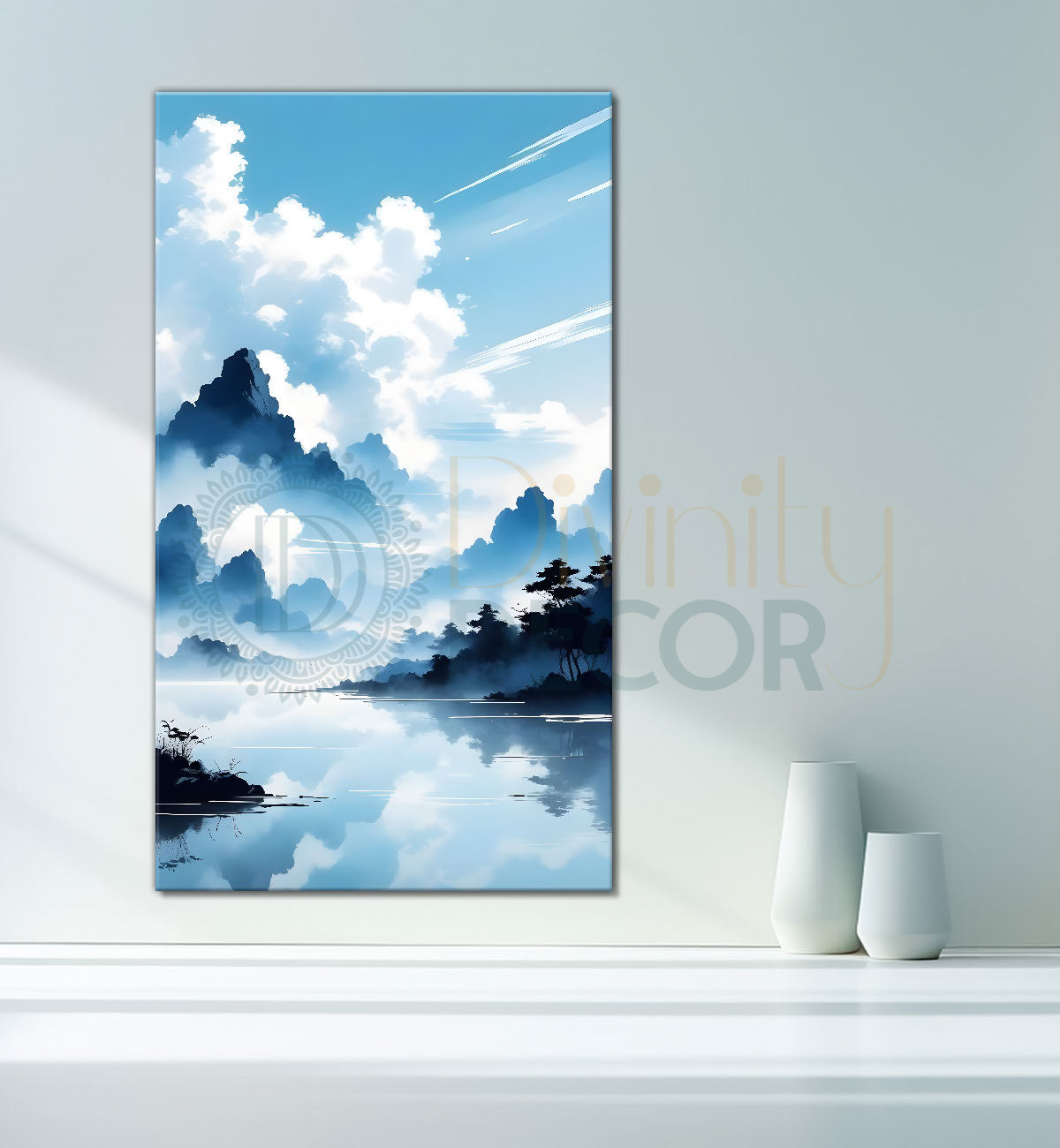 Mountains with river in cloudy sky in textured water colour painting Canvas Painting - Nature Art -V-111