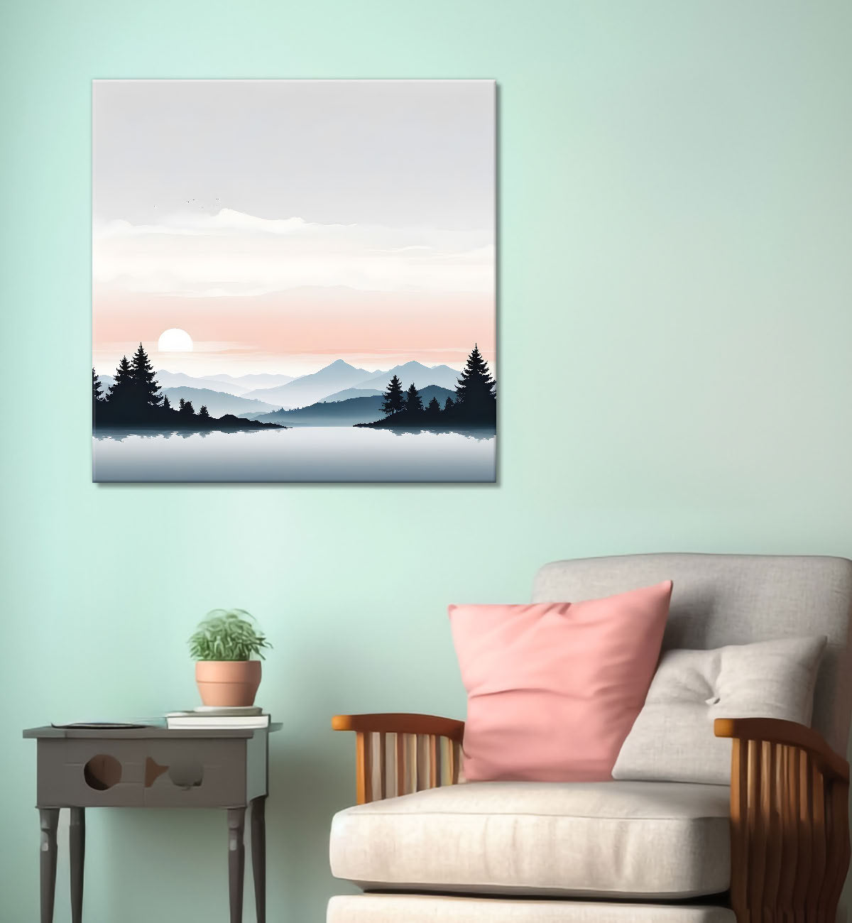 Mountains with river and trees water colour painting  24X24- Nature Art -S-111