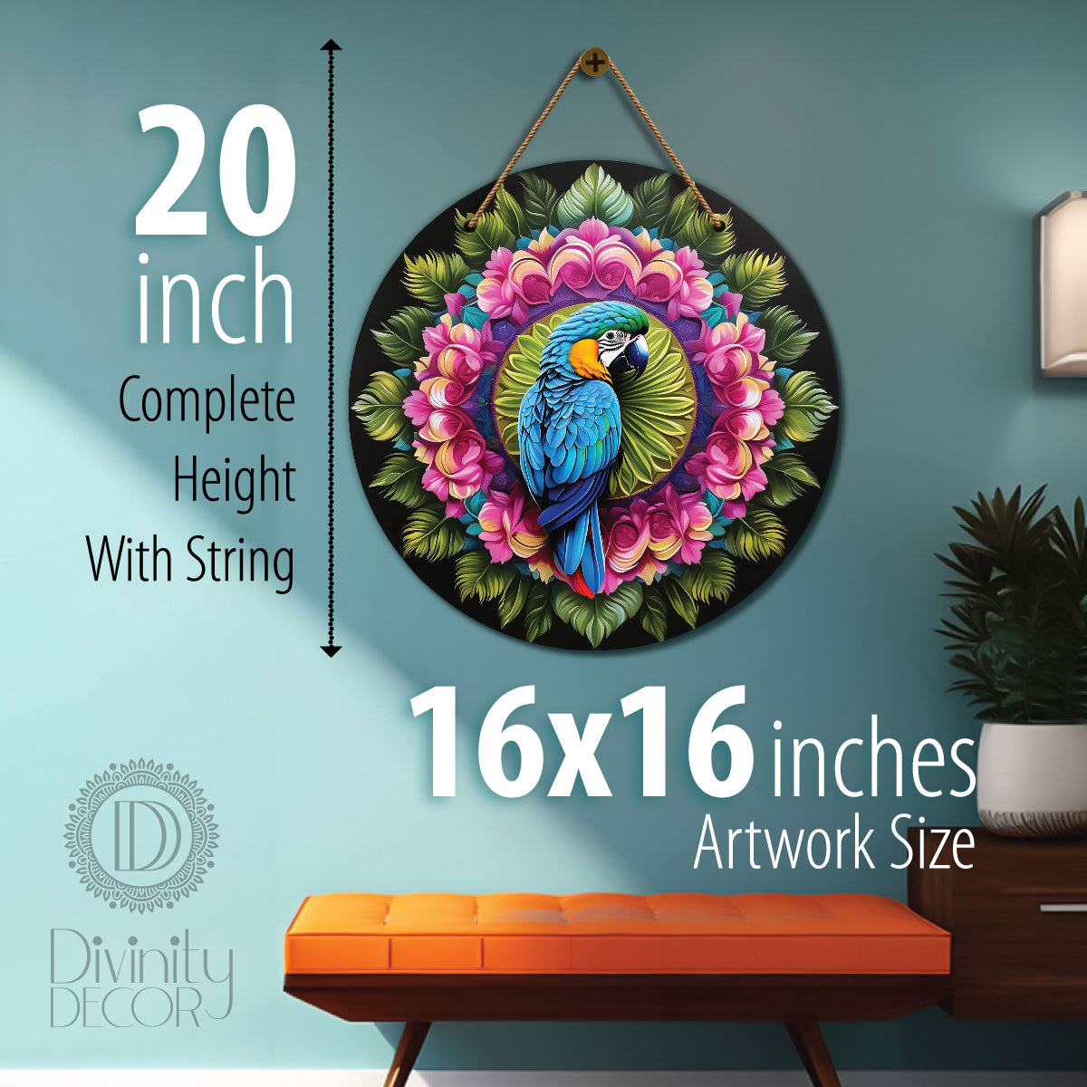 Parrot in pink and green mandala Round Wooden Wall Hanging for wall Décor - Design - 111