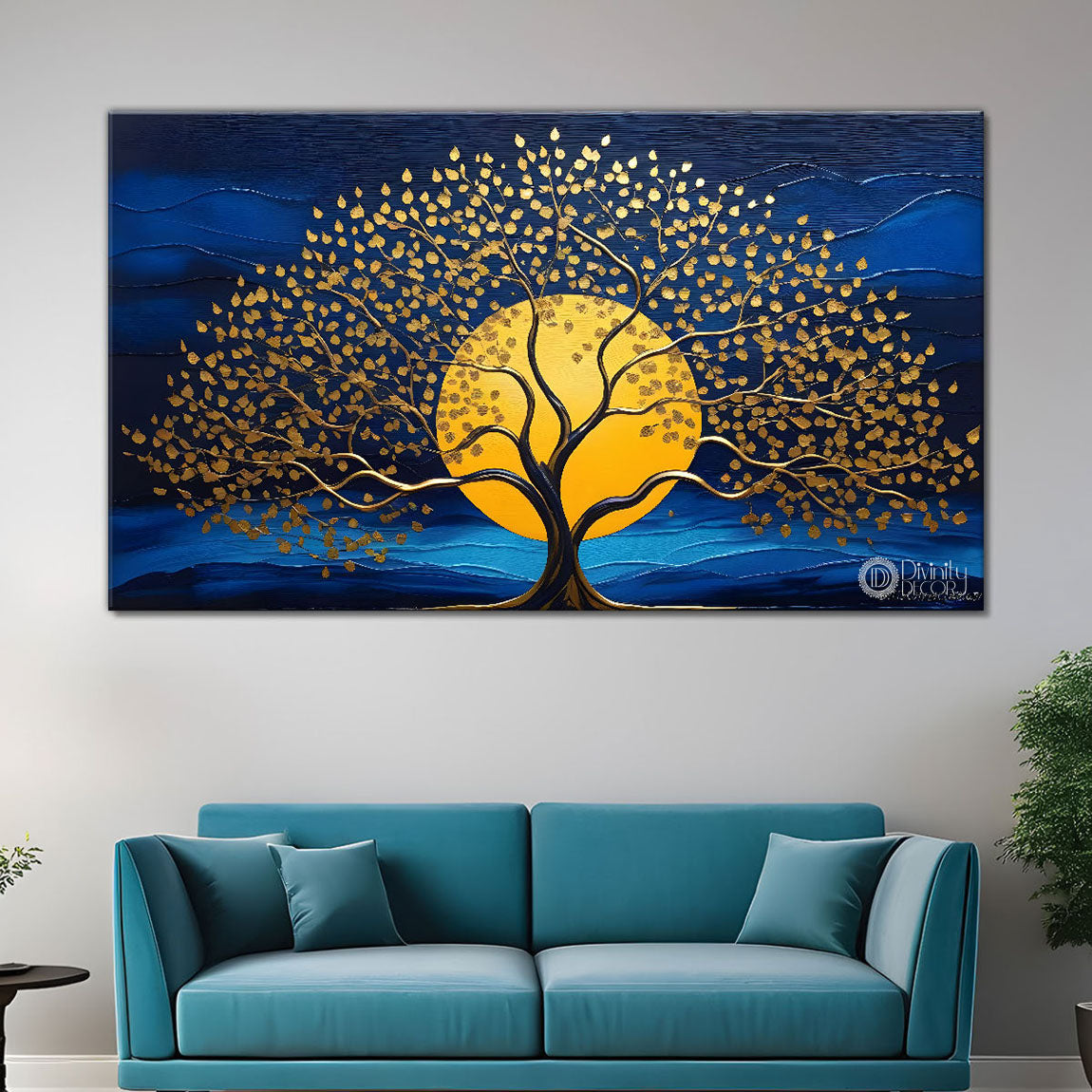 Golden tree in dark blue textured background modern art - Design - Tree-111