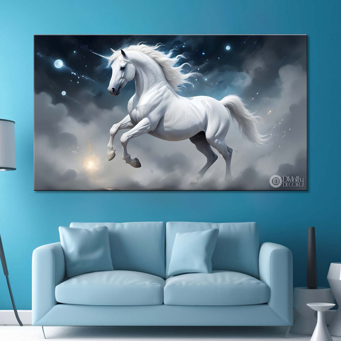 White running horse in cloudy and grey textured background art Canvas Painting - Design - Horse-112