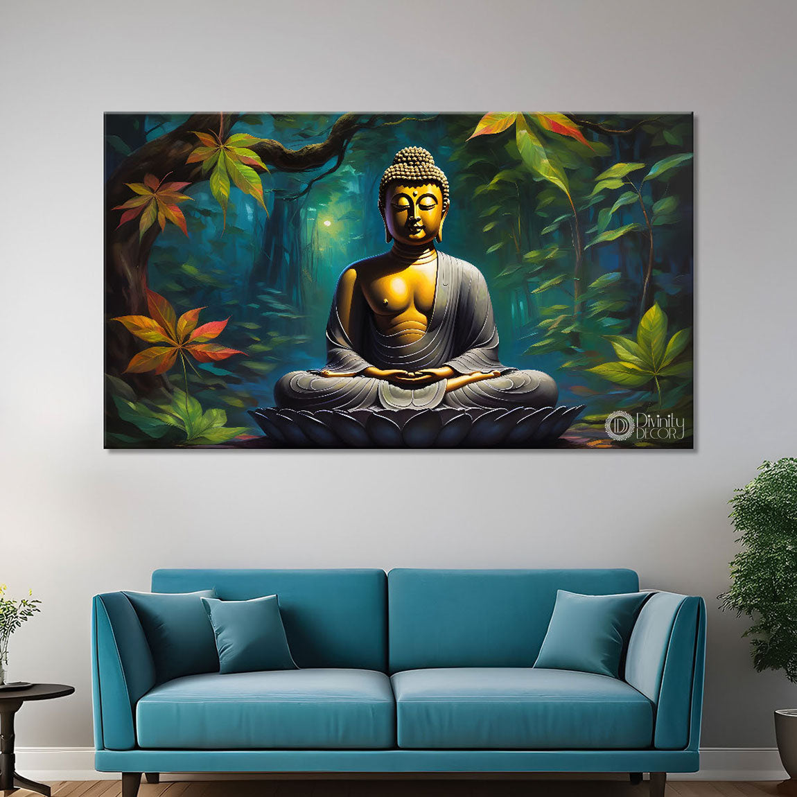 Buddha in sea green background textured painting Canvas Wall Painting - Buddha-112