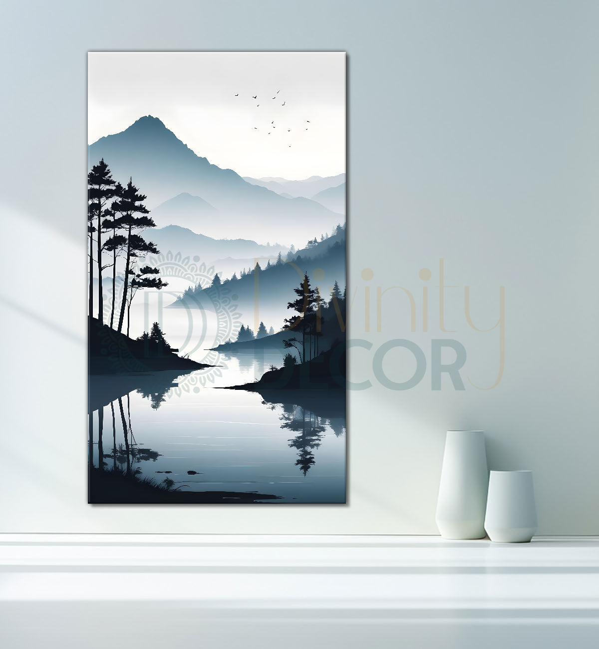 Mountains with river and trees in grey textured water colour painting Canvas Painting - Nature Art -V-112