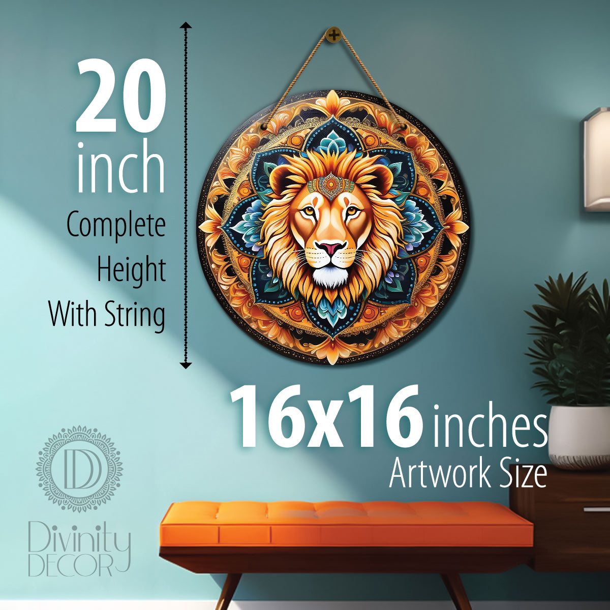 Lion in blue and golden mandala Round Wooden Wall Hanging for wall Décor - Design - 112