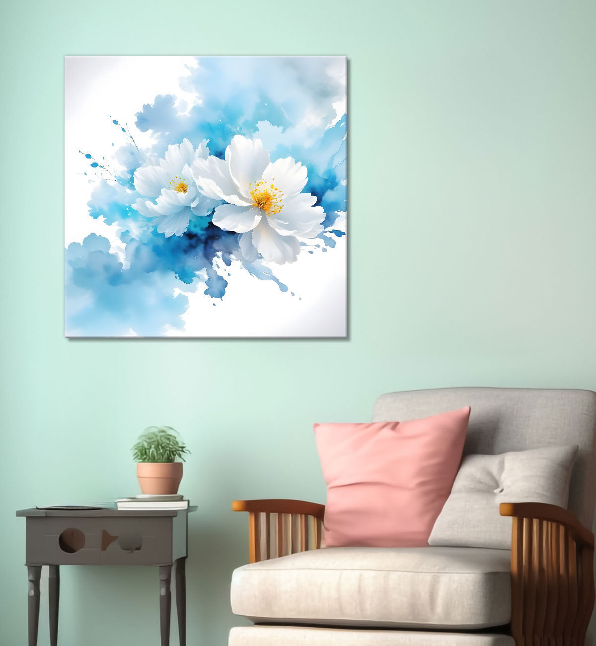 White flowers in water colour painting  24X24 - Nature Art -S-112