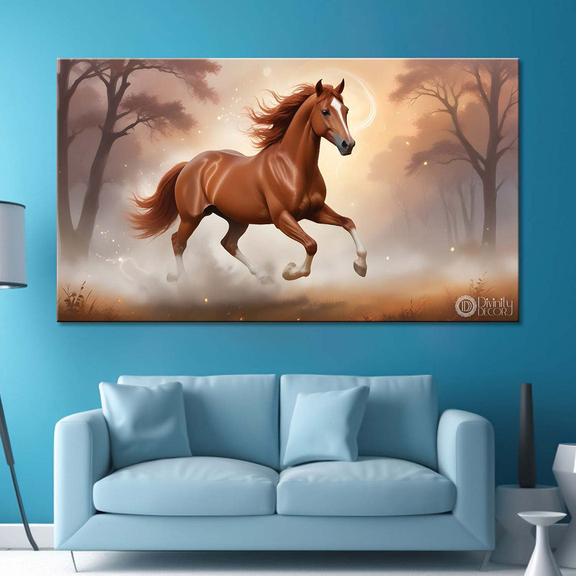 Brown running horse with trees in white textured background art Canvas Painting - Design - Horse-113