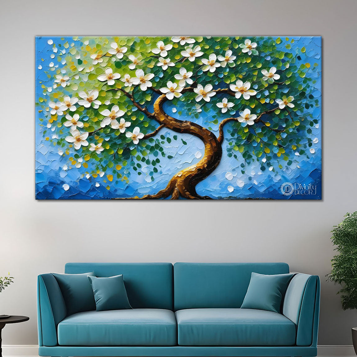 White flower tree in textured background oil painting- Design - Tree-113