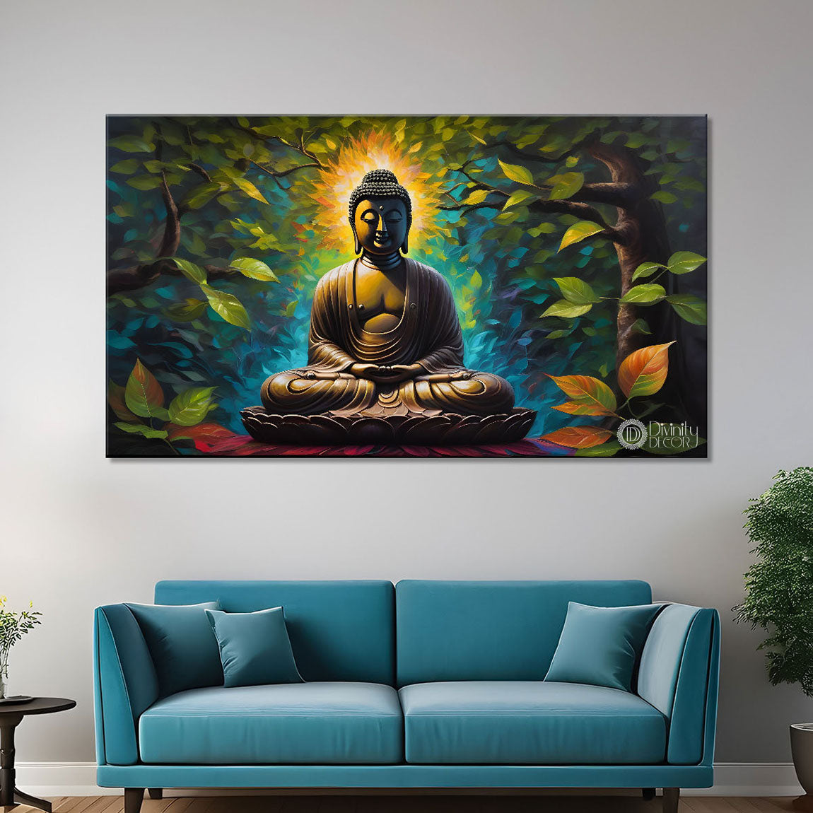 Buddha in sea green background textured painting Canvas Wall Painting - Buddha-113