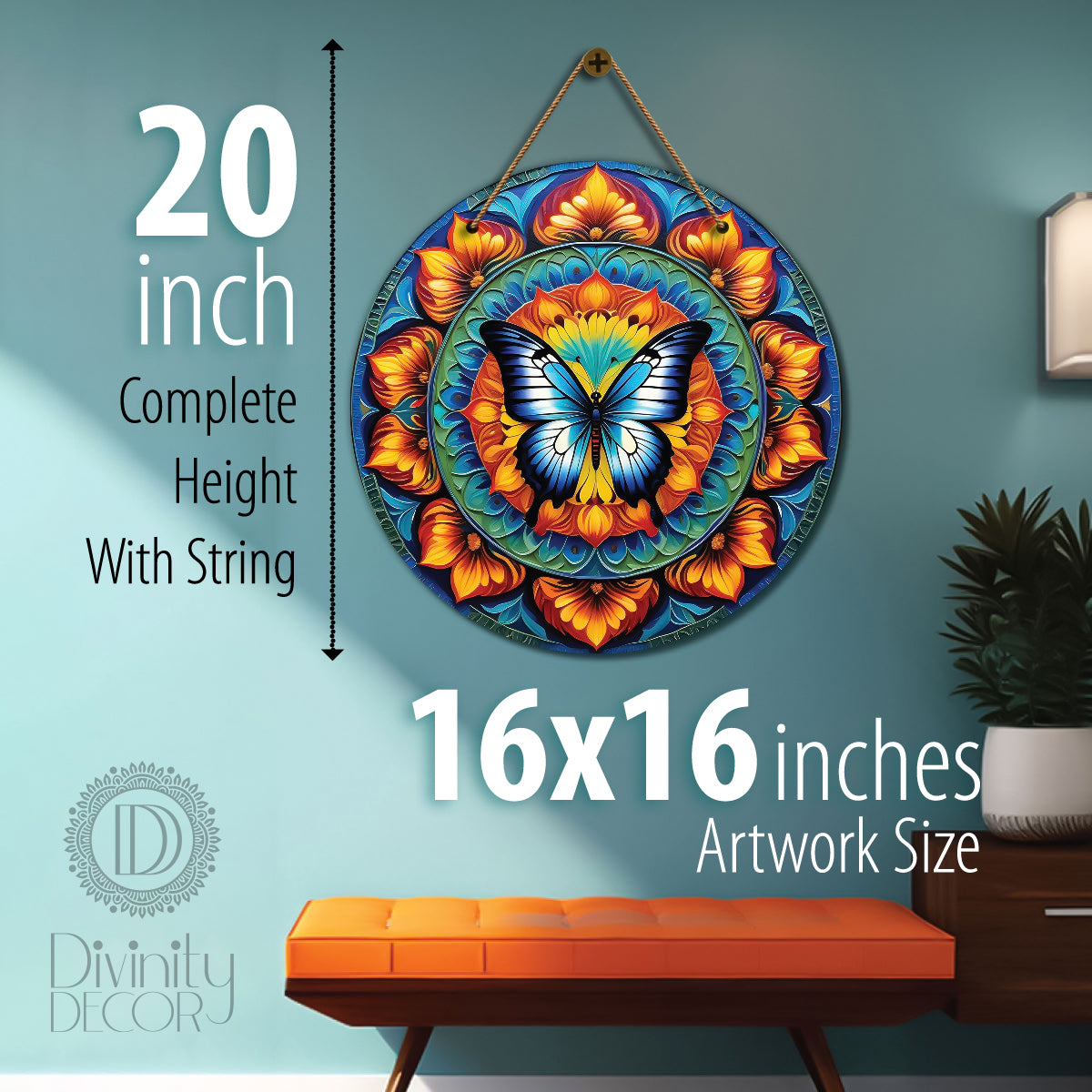 Butterfly in blue and orange mandala Round Wooden Wall Hanging for wall Décor - Design - 113