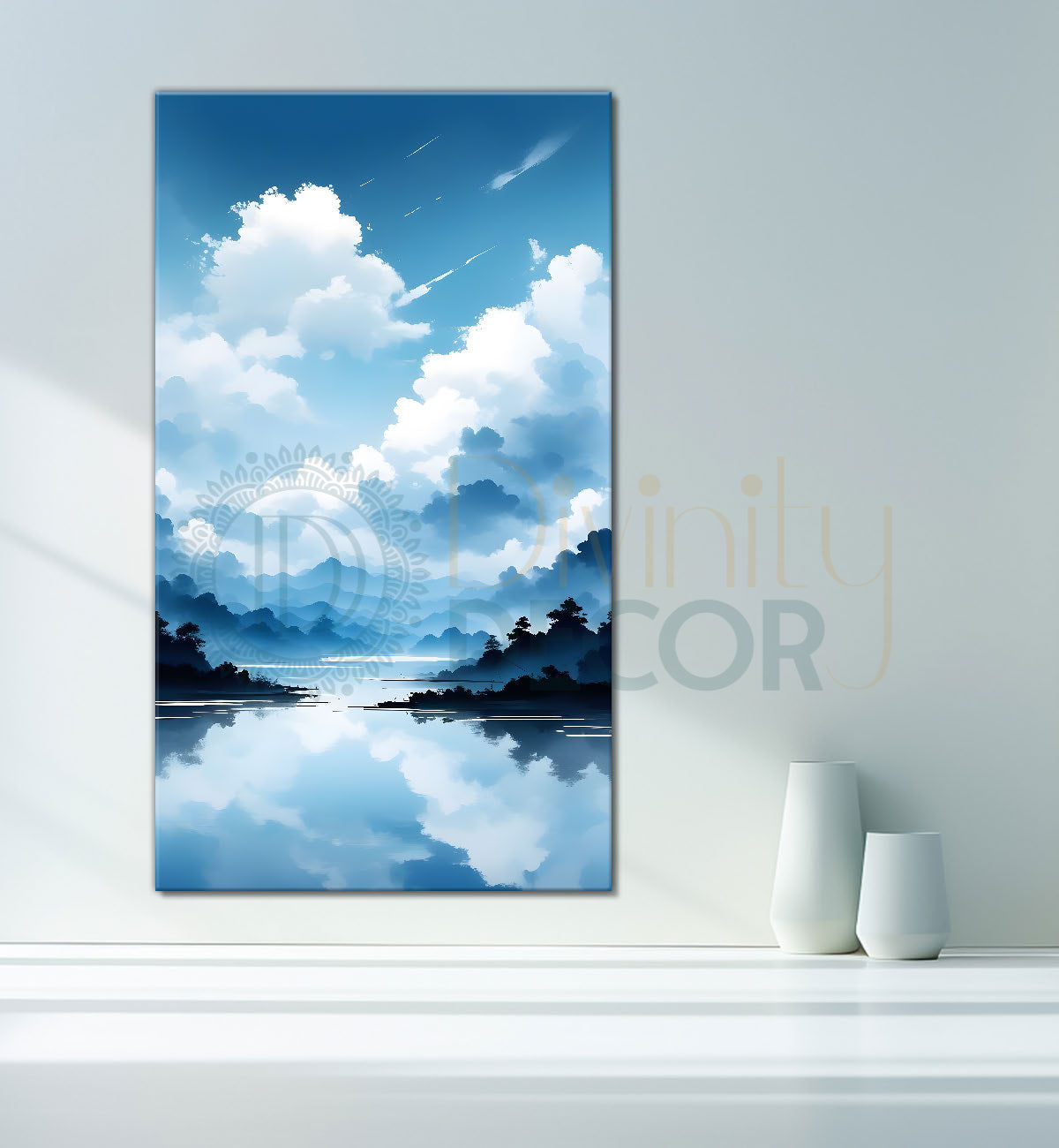 Mountains with river in cloudy sky in textured water colour painting Canvas Painting - Nature Art -V-113