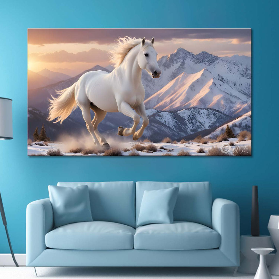 White running horse with white mountains in white textured background art Canvas Painting - Design - Horse-114