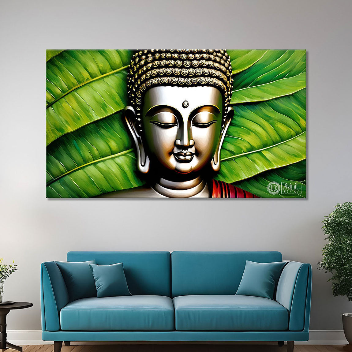 Buddha with leaves background textured painting Canvas Wall Painting - Buddha-114