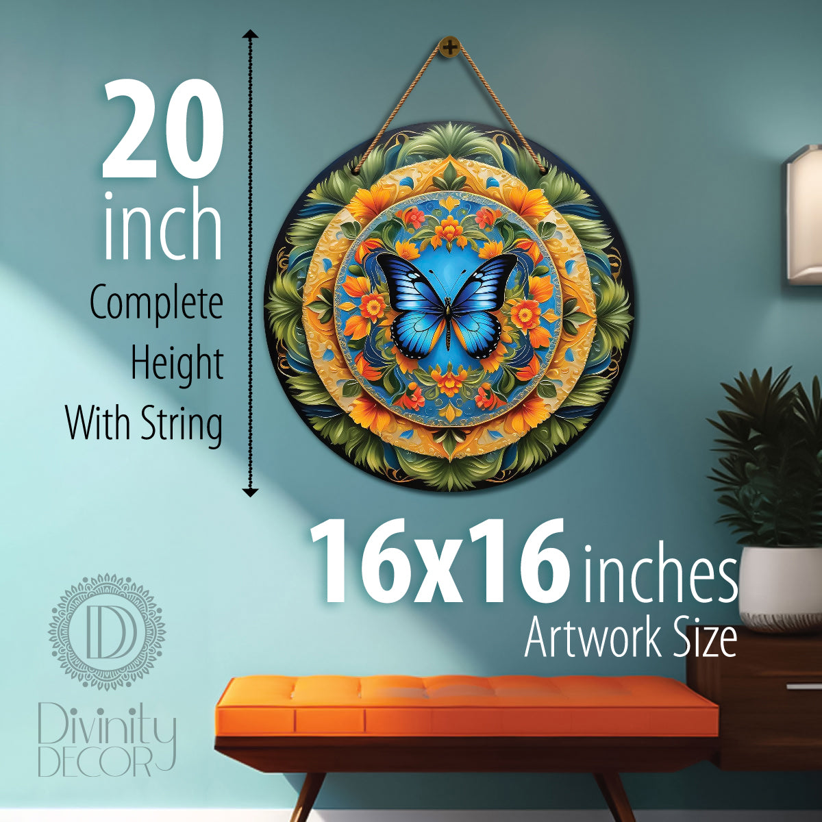 Butterfly in green and orange mandala Round Wooden Wall Hanging for wall Décor - Design - 114