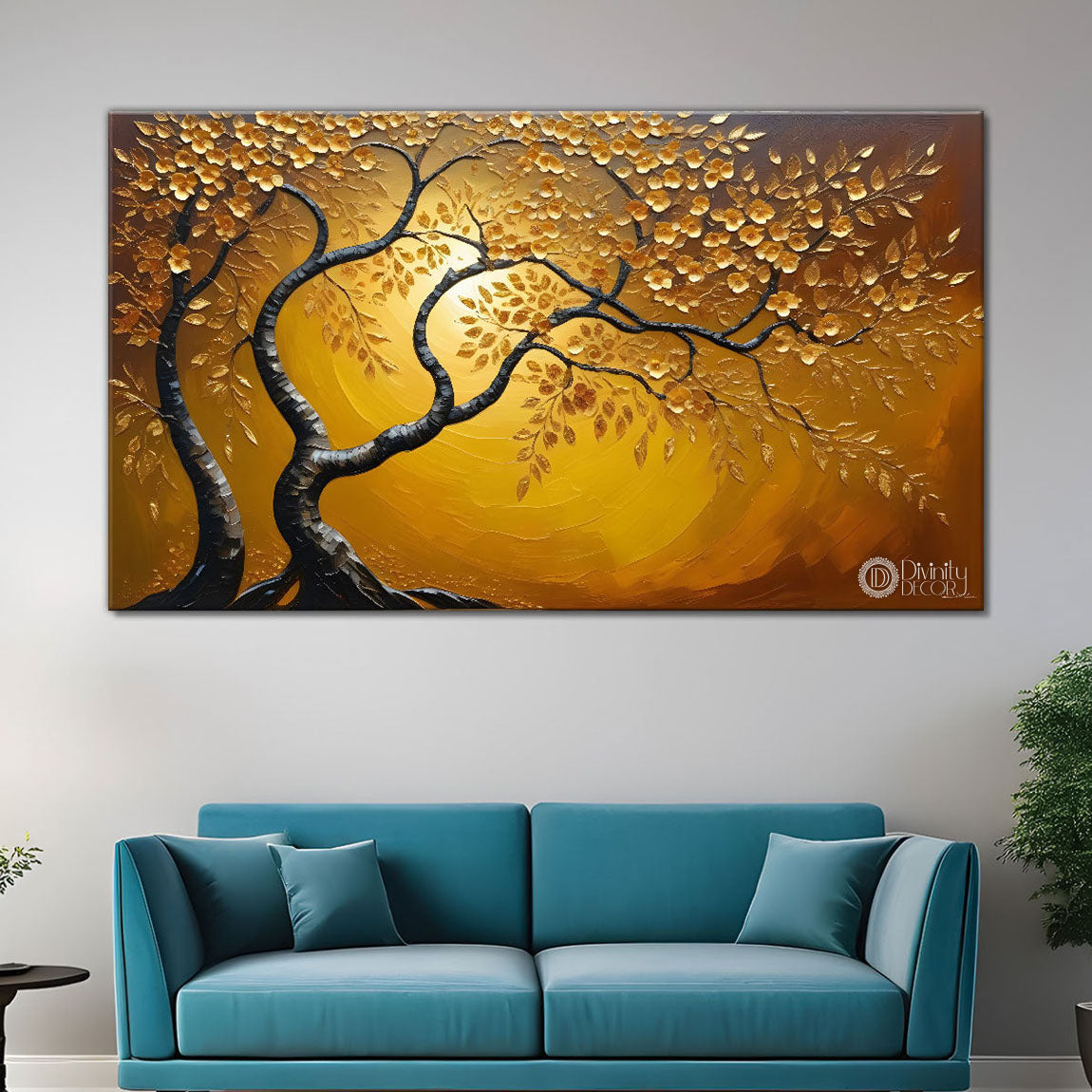 Golden tree in textured background modern art- Design - Tree-114