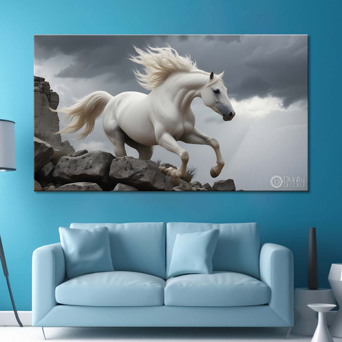White running horse on the rocks in grey textured background art Canvas Painting - Design - Horse-115