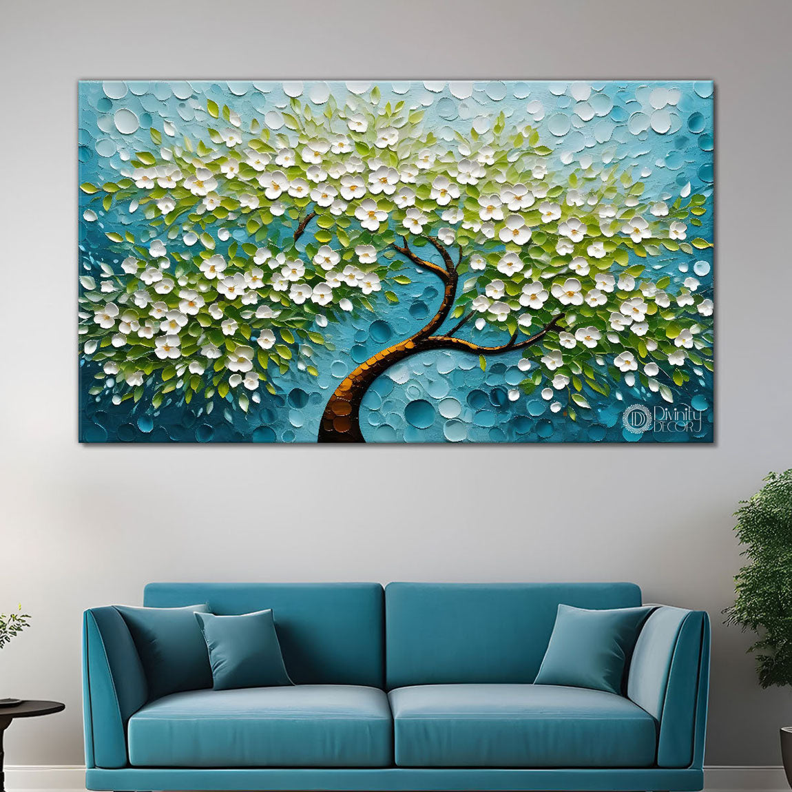 White flower tree in textured background oil painting- Design - Tree-115