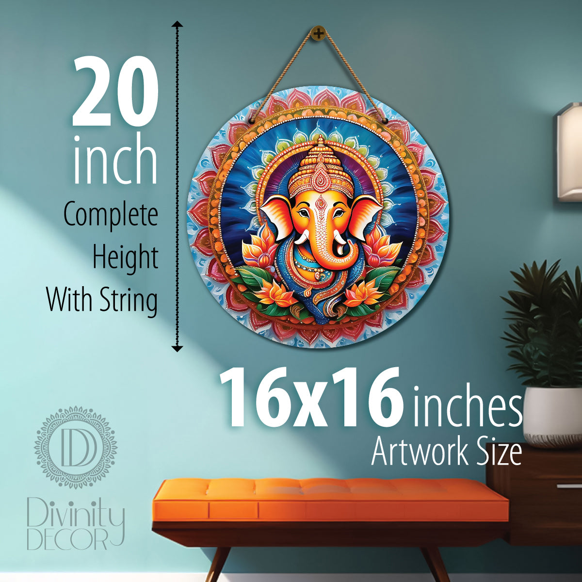 Ganesh Ji in blue and orange mandala Round Wooden Wall Hanging for wall Décor - Design - 115