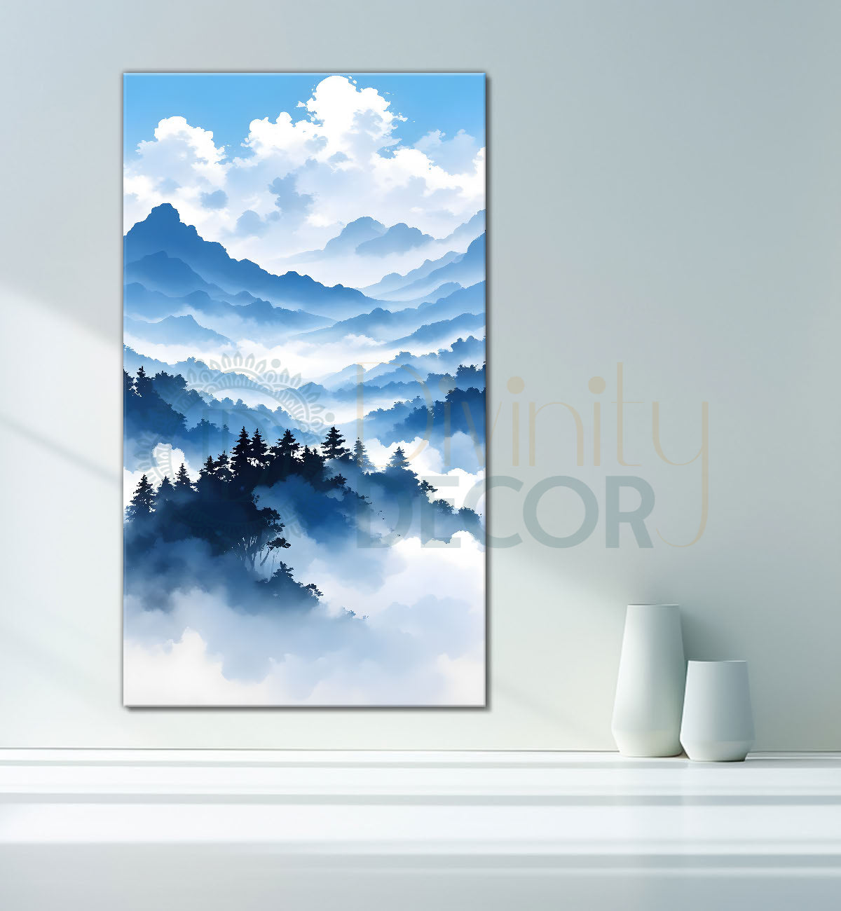Mountains with river in cloudy sky in textured water colour painting Canvas Painting - Nature Art -V-115