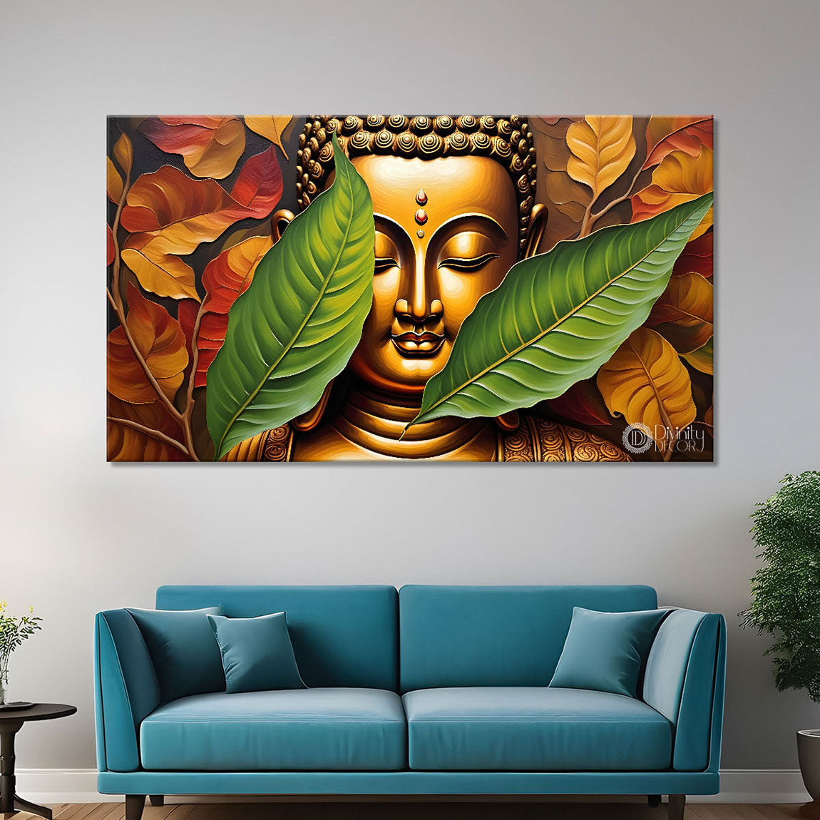 Golden buddha with leaves background textured painting Canvas Wall Painting - Buddha-115
