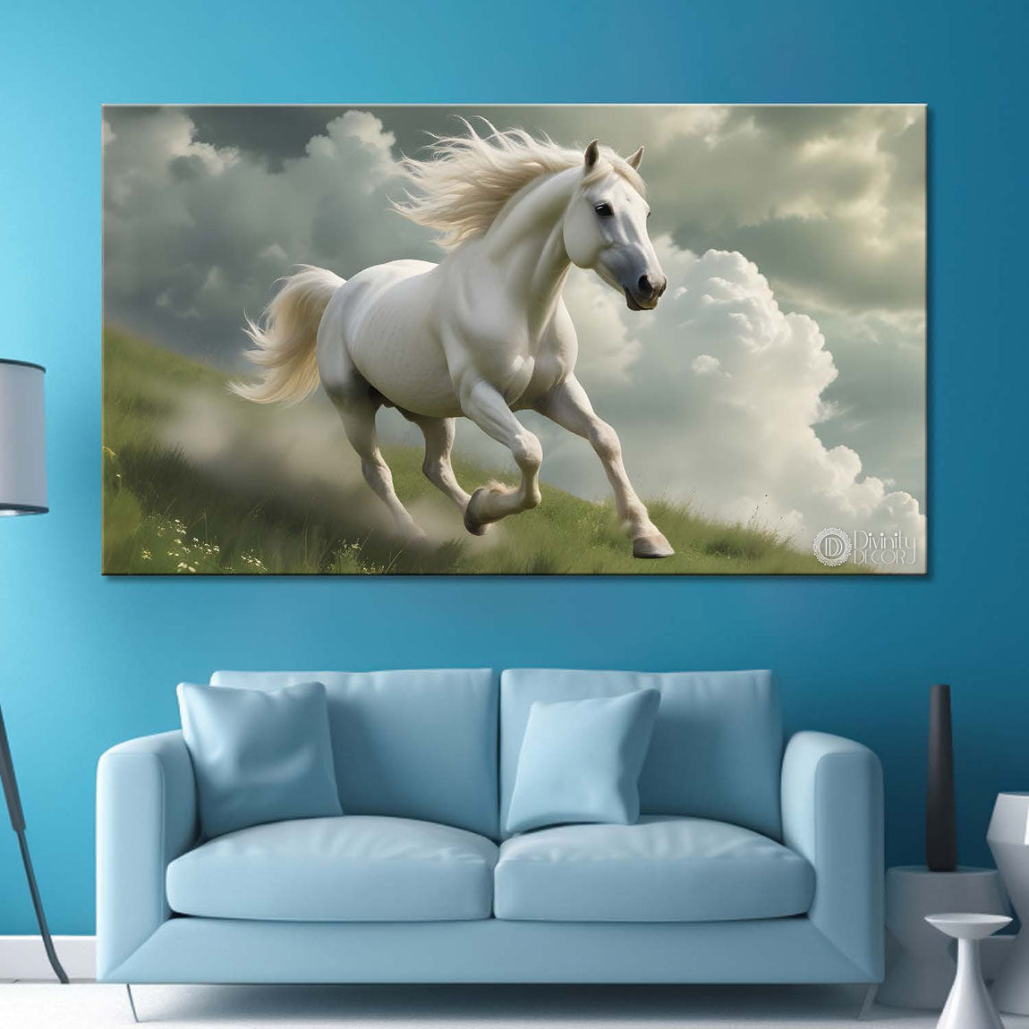 White running horse on the grass with cloudy and white textured background art Canvas Painting - Design - Horse-116
