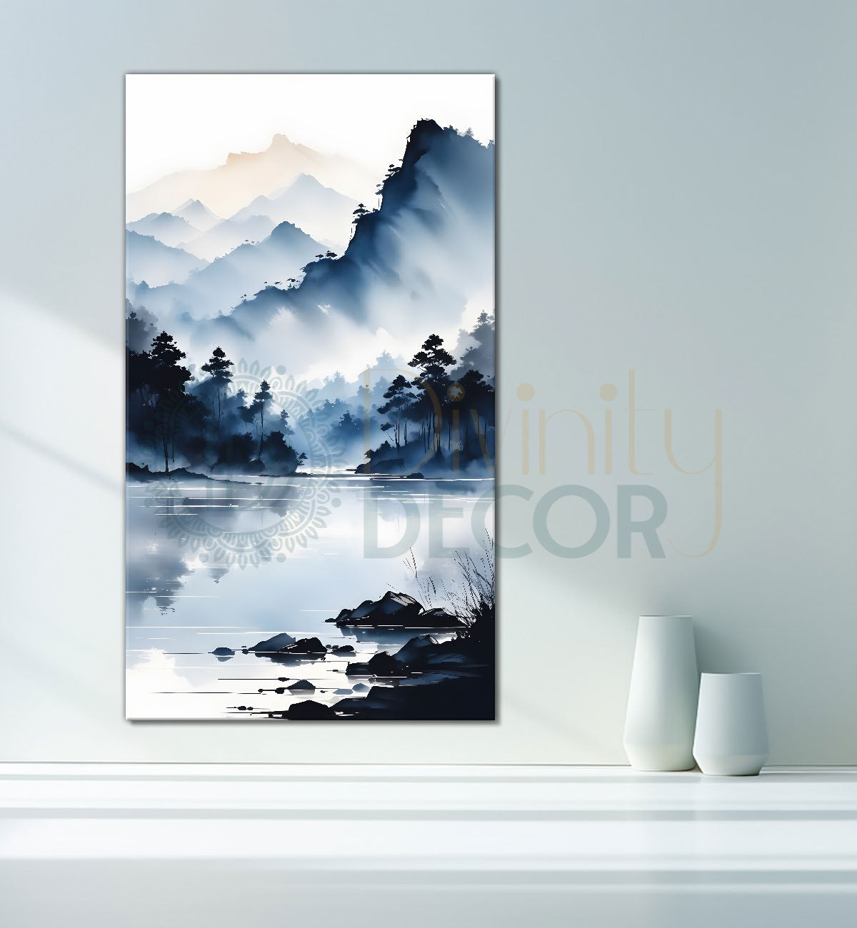 Mountains with river in cloudy sky in textured water colour painting Canvas Painting - Nature Art -V-116