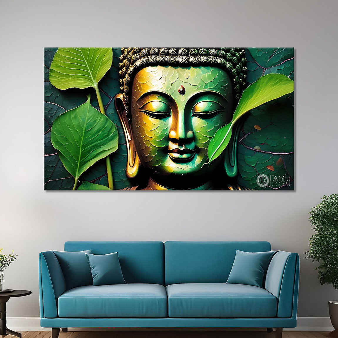 Buddha with leaves background textured painting Canvas Wall Painting - Buddha-116