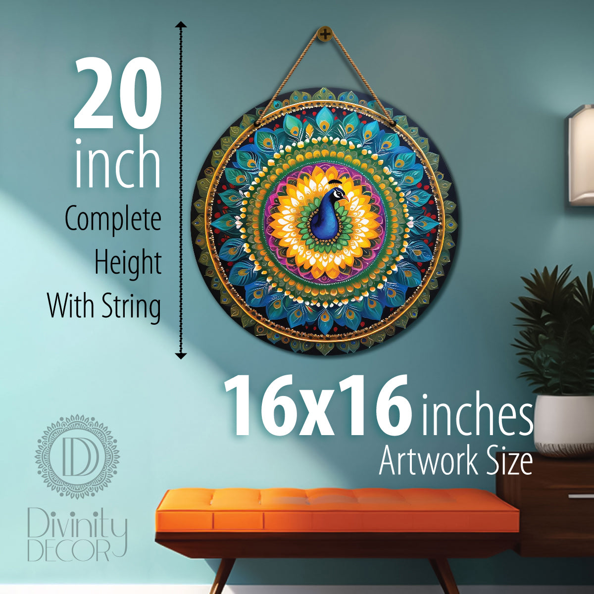 Peacock in blue and yellow mandala Round Wooden Wall Hanging for wall Décor - Design - 116