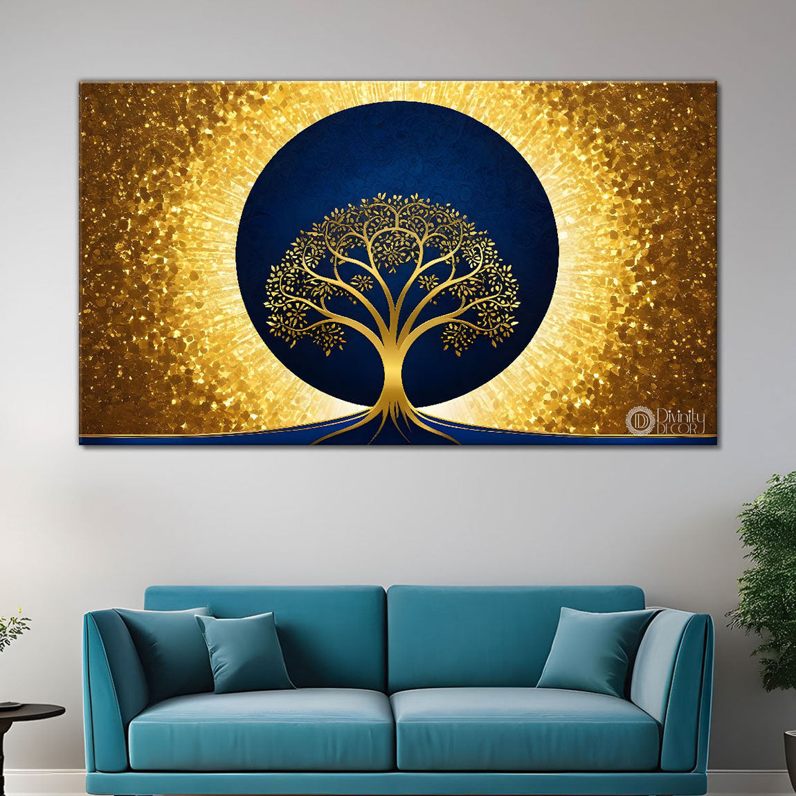 Golden tree in dark blue textured background modern art- Design - Tree-116