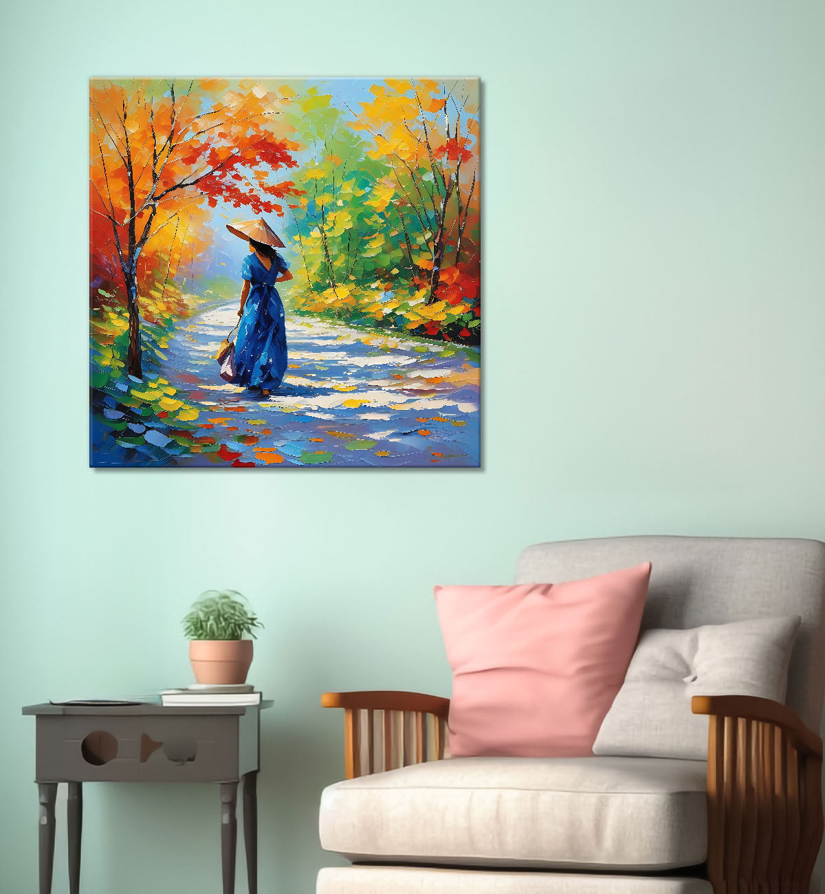 Girl with colourful trees water colour painting 24X24  - Nature Art -S-116