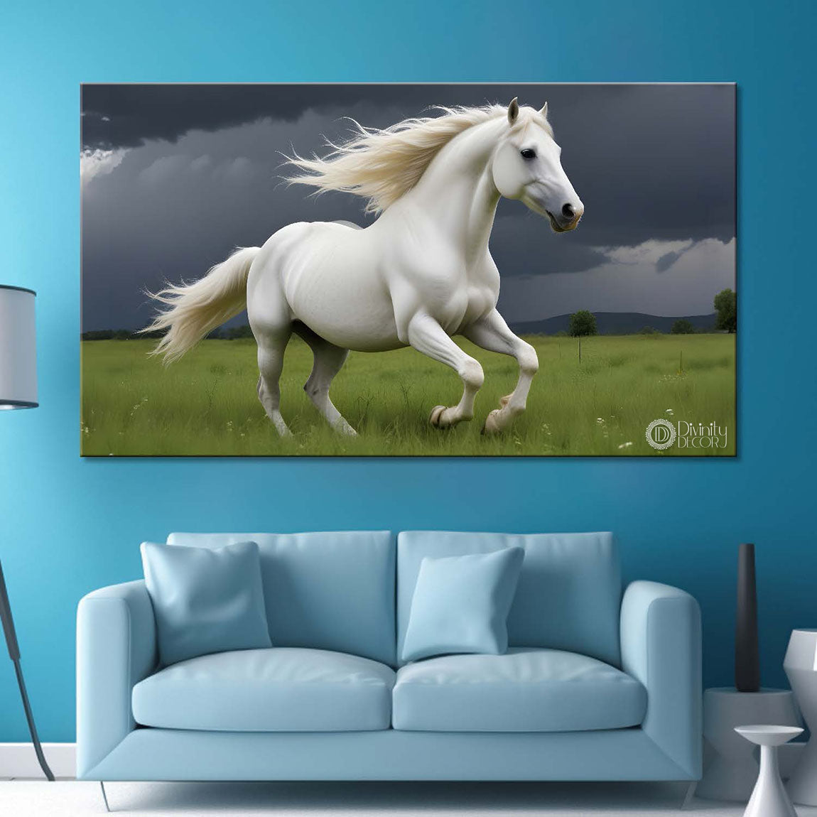 White running horse on the grass with white textured background art Canvas Painting - Design - Horse-117