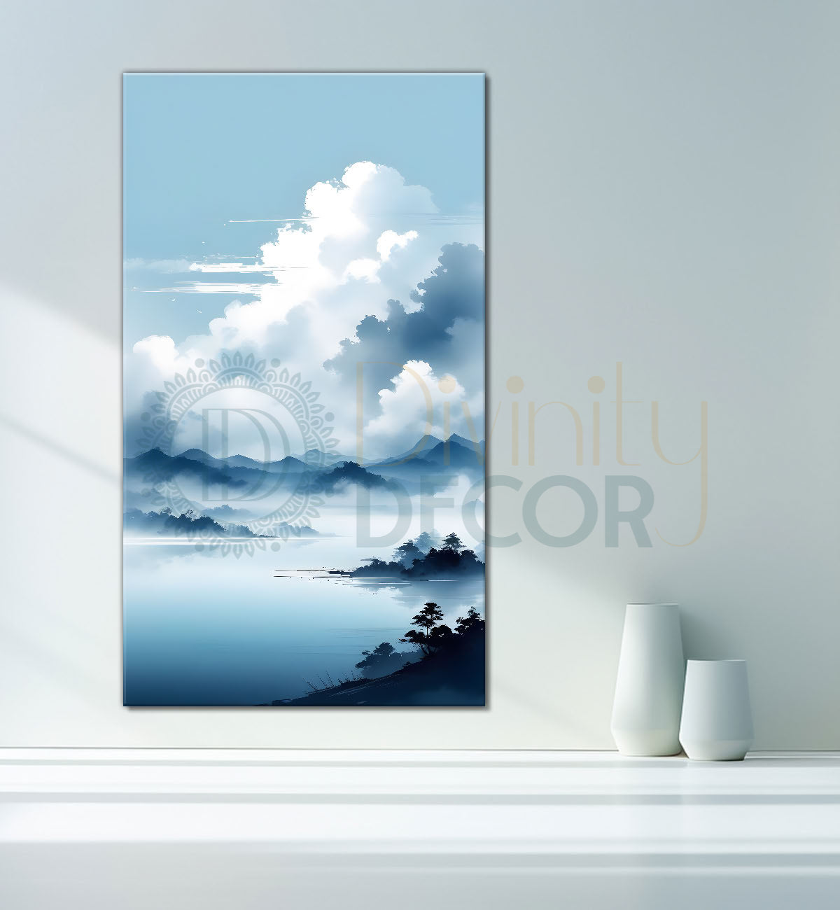 Mountains with river in cloudy sky in textured water colour painting Canvas Painting - Nature Art -V-117