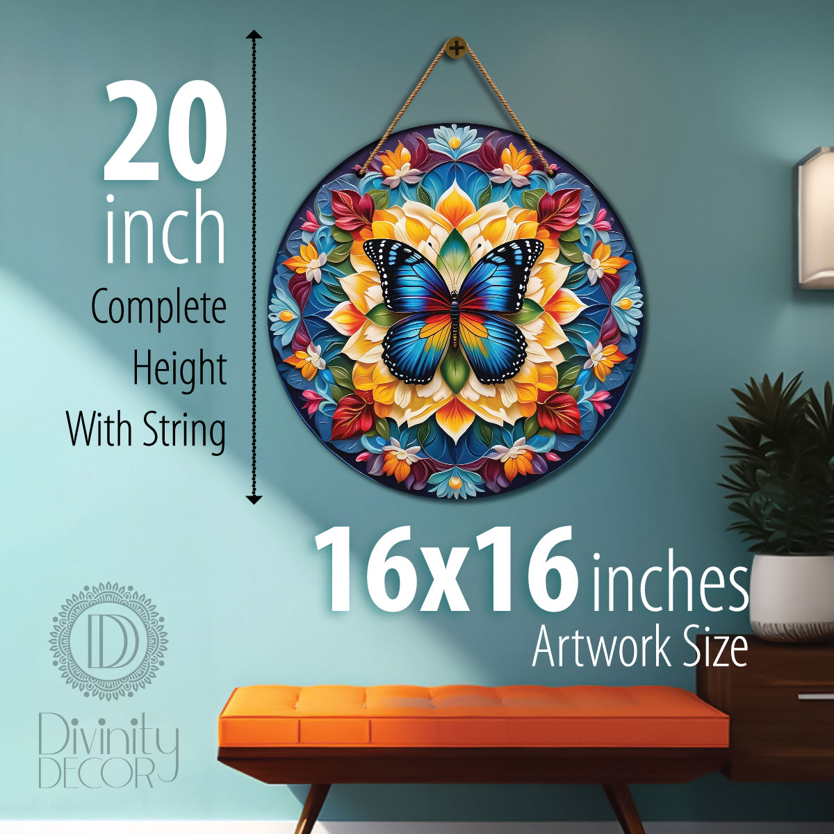 Butterfly in floral and blue mandala Round Wooden Wall Hanging for wall Décor - Design - 117