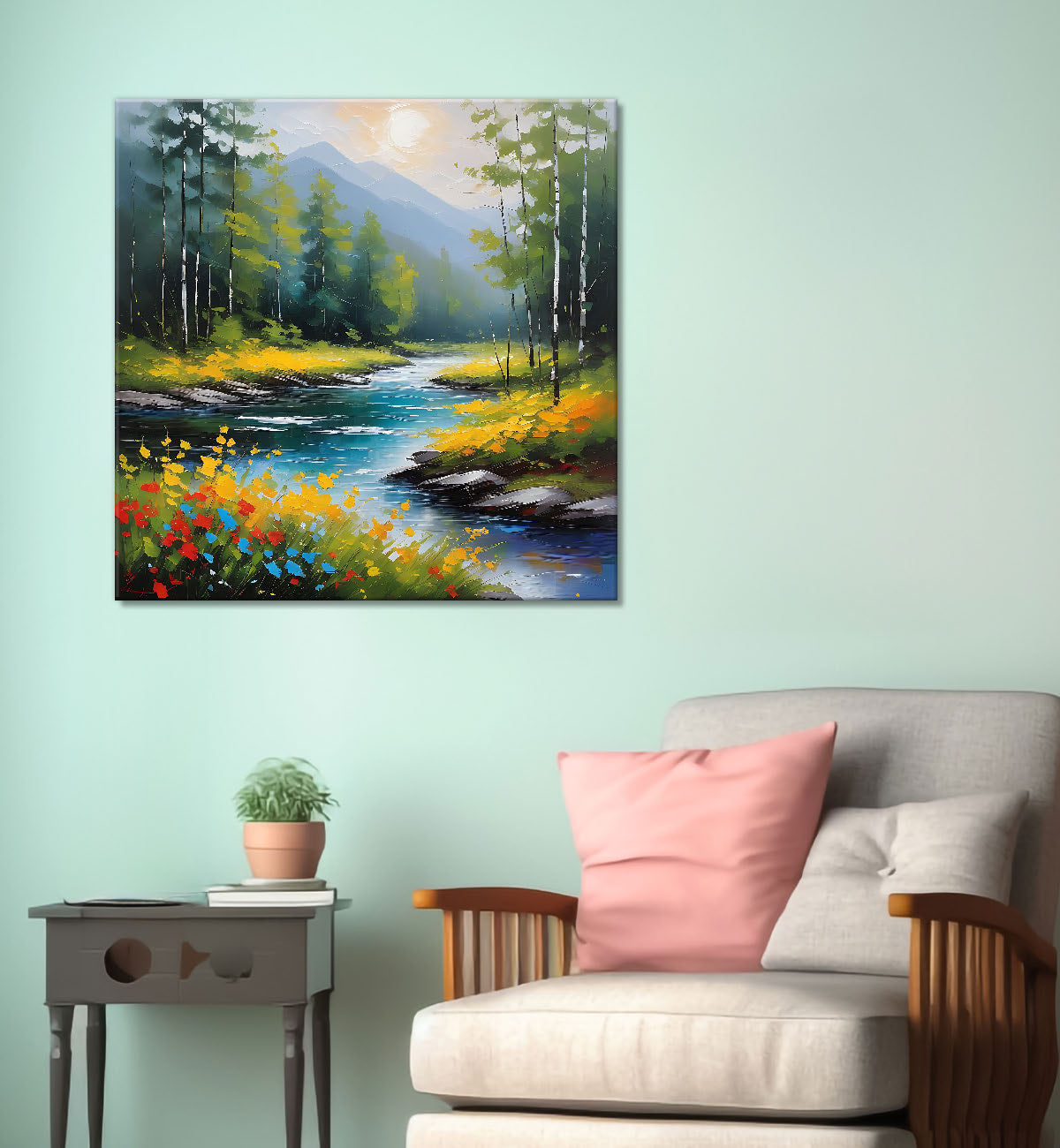 Mountains with river painting  24X24  - Nature Art -S-117