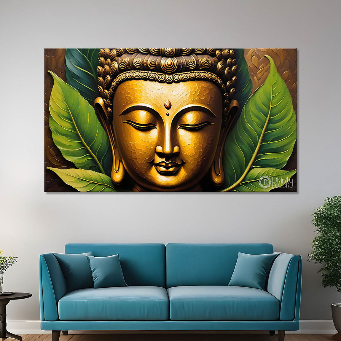 Golden with leaves background textured painting Canvas Wall Painting - Buddha-117