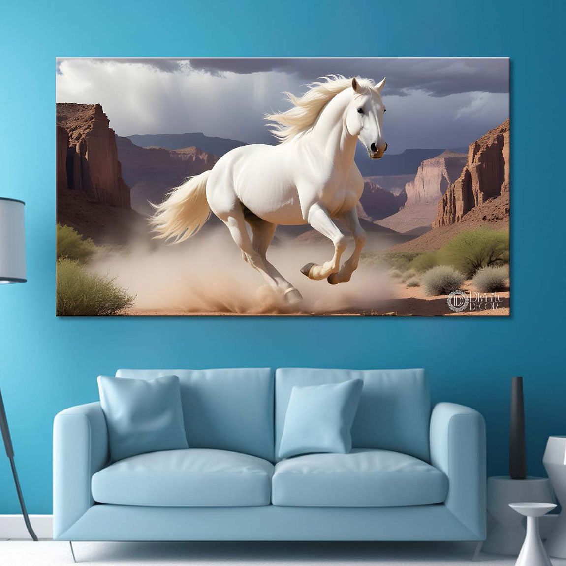 White running horse on the mountains with grey textured background art Canvas Painting - Design - Horse-118