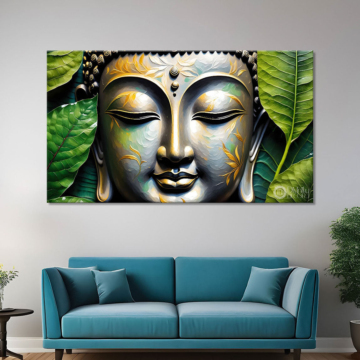 Buddha with leaves background textured painting Canvas Wall Painting - Buddha-118