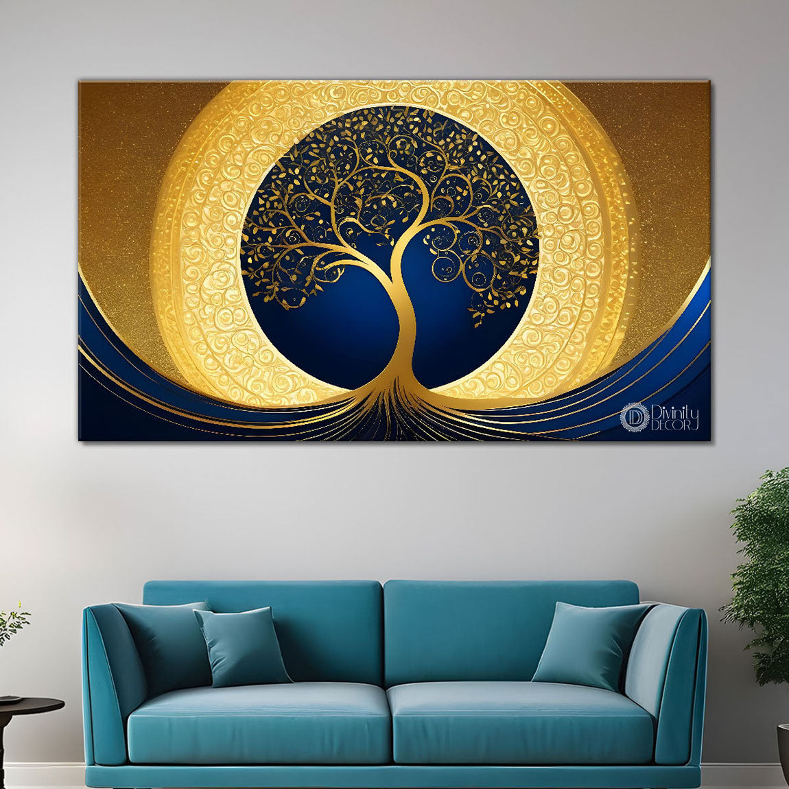 Golden tree in dark blue textured background modern art- Design - Tree-118