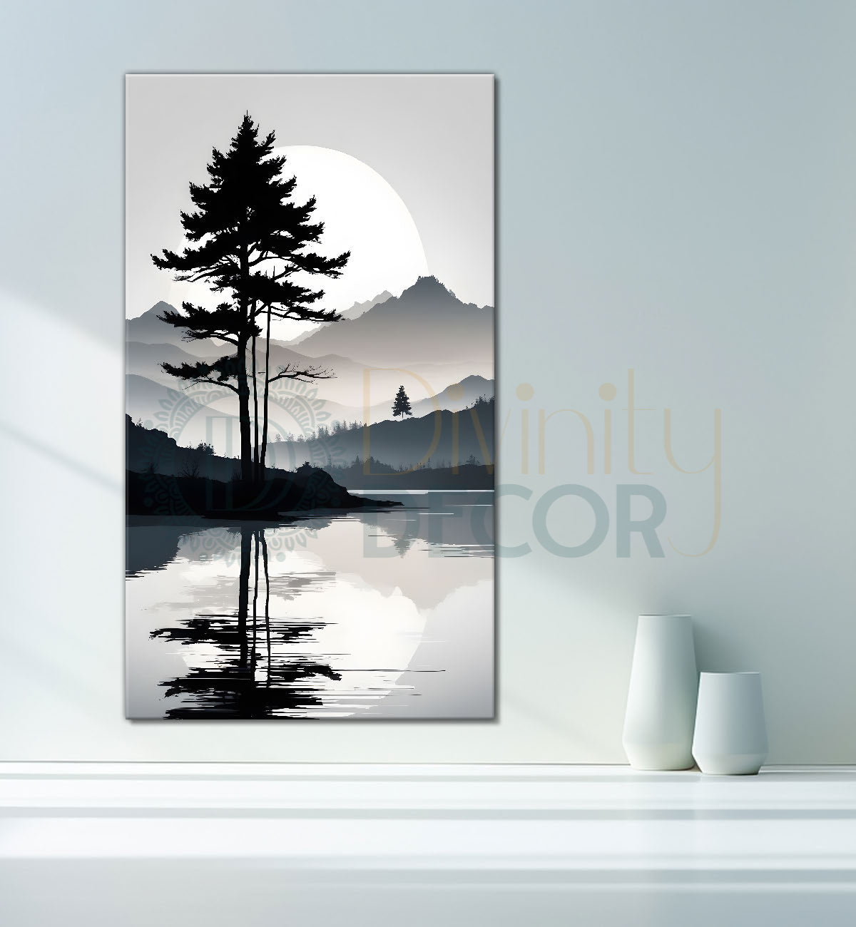Mountains with river and trees in grey textured water colour painting Canvas Painting - Nature Art -V-118