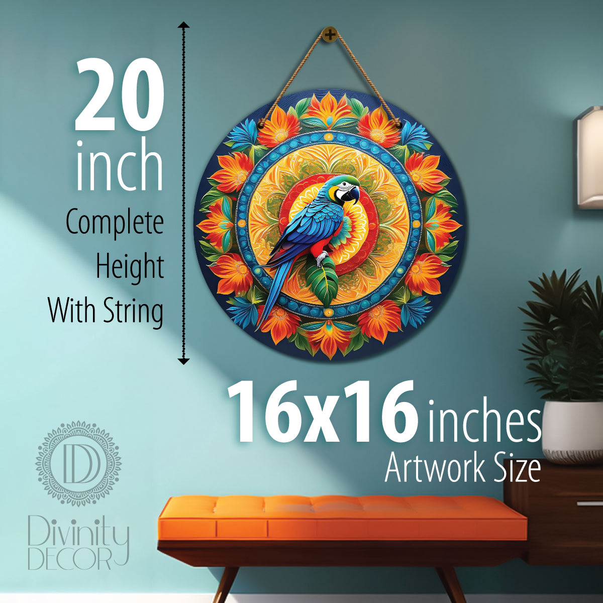 Parrot in blue and orange mandala Round Wooden Wall Hanging for wall Décor - Design - 118