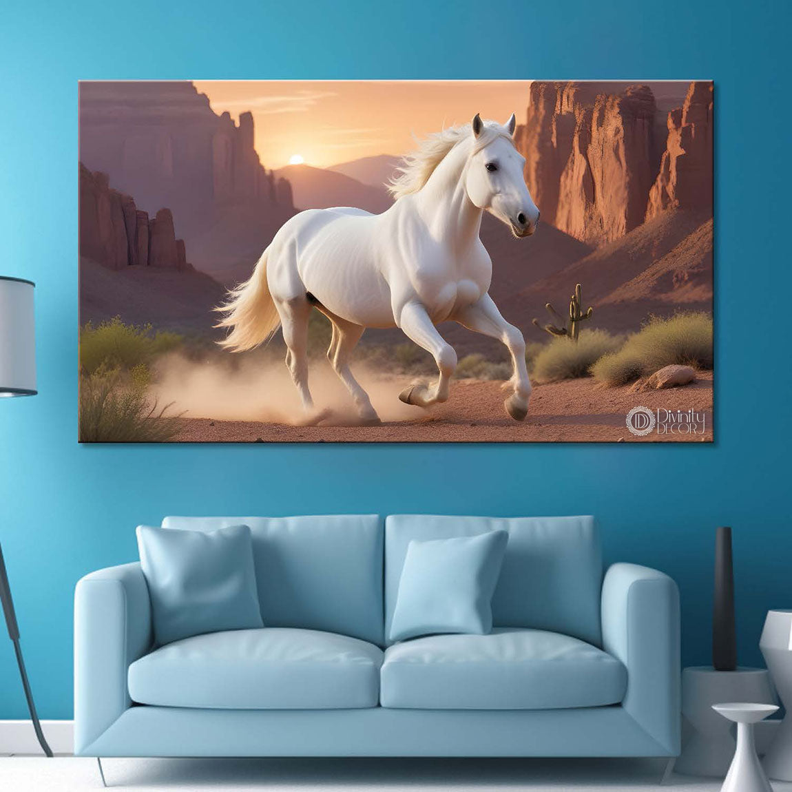 White running horse on the mountains with sunrise textured background art Canvas Painting - Design - Horse-119