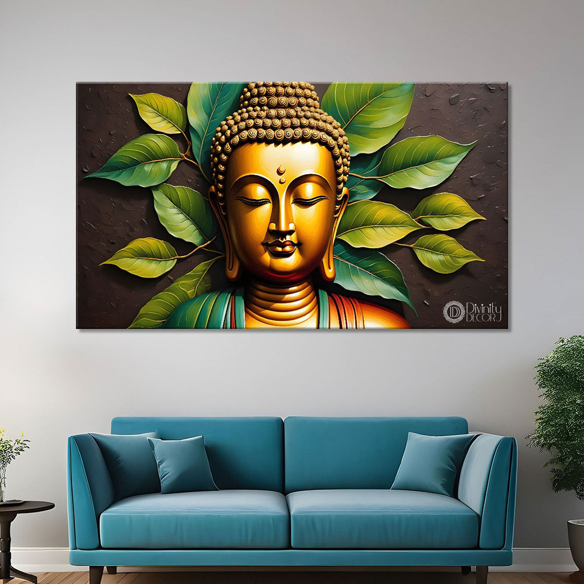Golden with leaves background textured painting Canvas Wall Painting - Buddha-119