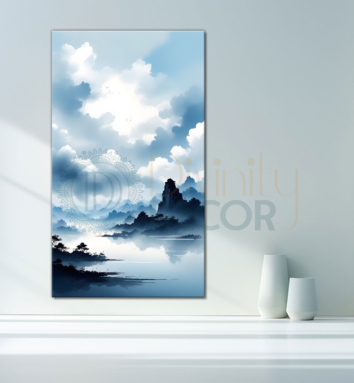 Mountains with river in cloudy sky in textured water colour painting Canvas Painting - Nature Art -V-119