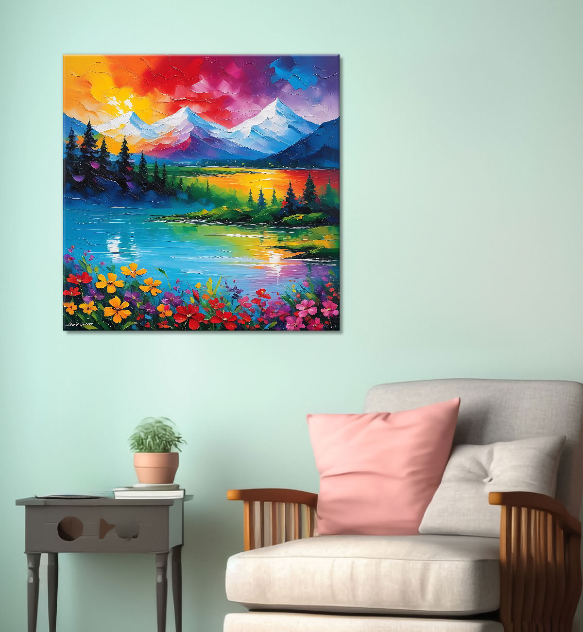 Colourful mountains with flower painting 24X24 - Nature Art -S-119