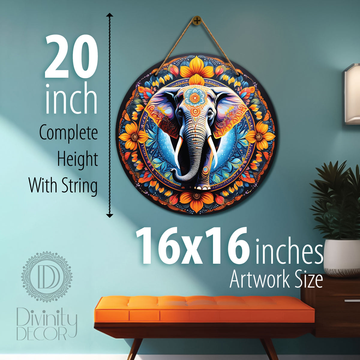 Elephant in blue and yellow mandala Round Wooden Wall Hanging for wall Décor - Design - 119